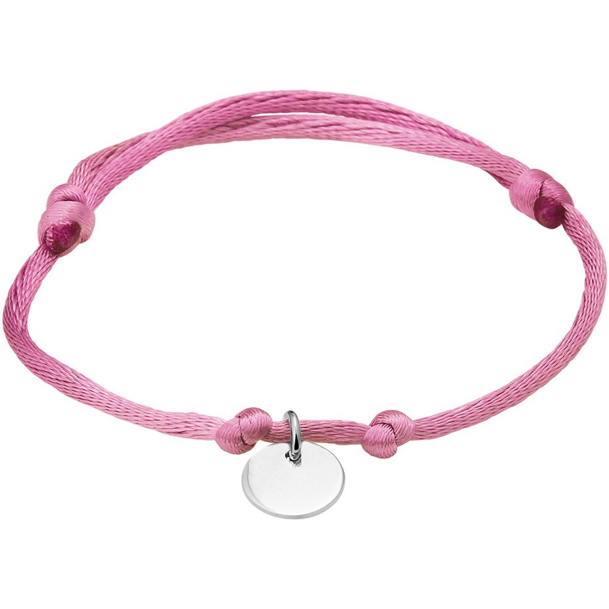 Roze gevlochten armband uitgevoerd met een gerhodineerd 925 zilveren rondje. De armband heeft draaglengtes van 13 tot 26cm. Het rondje heeft een diameter van 10mm.