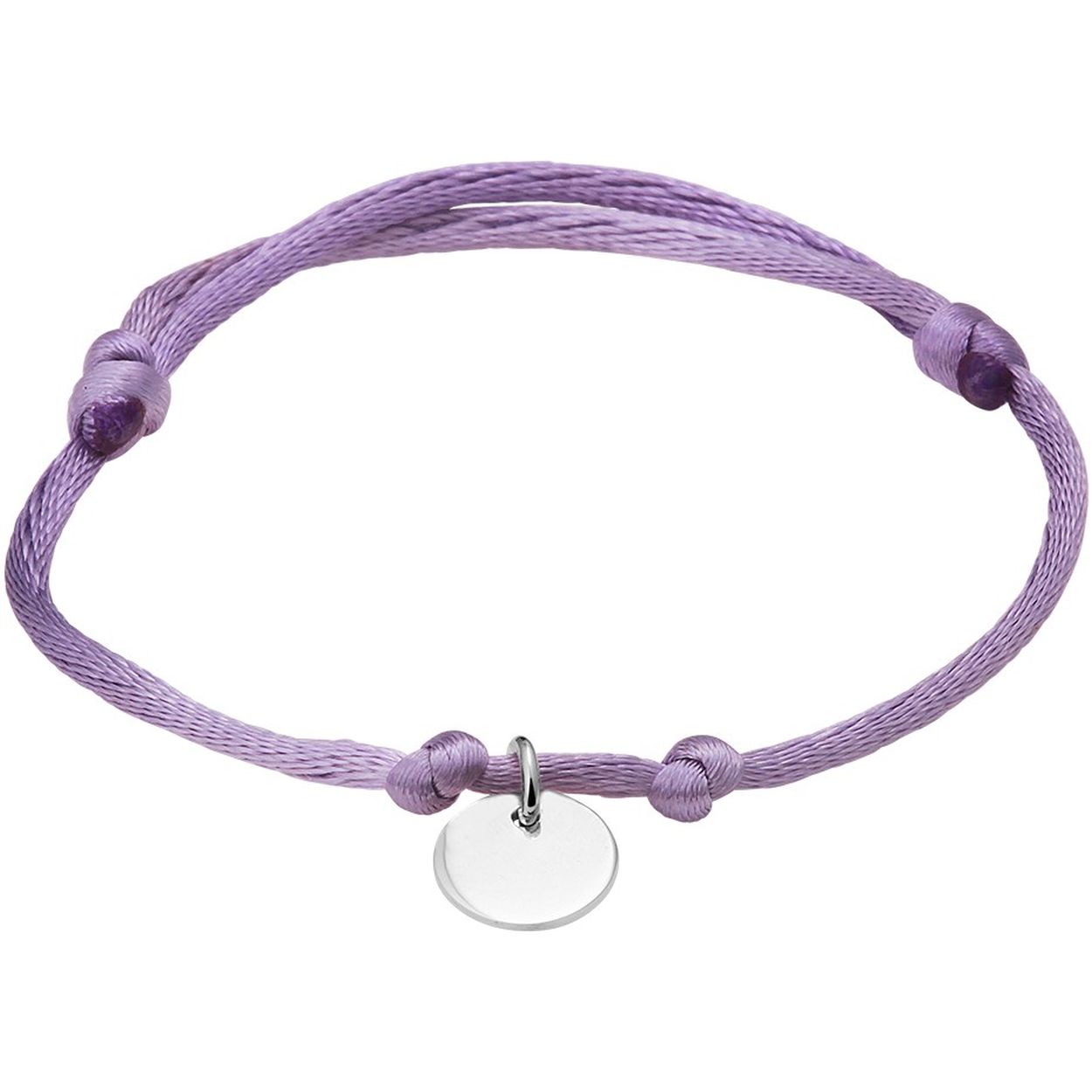 Lavendel kleur gevlochten armband uitgevoerd met een gerhodineerd 925 zilveren rondje. De armband heeft draaglengtes van 13 tot 26cm. Het rondje heeft een diameter van 10mm.