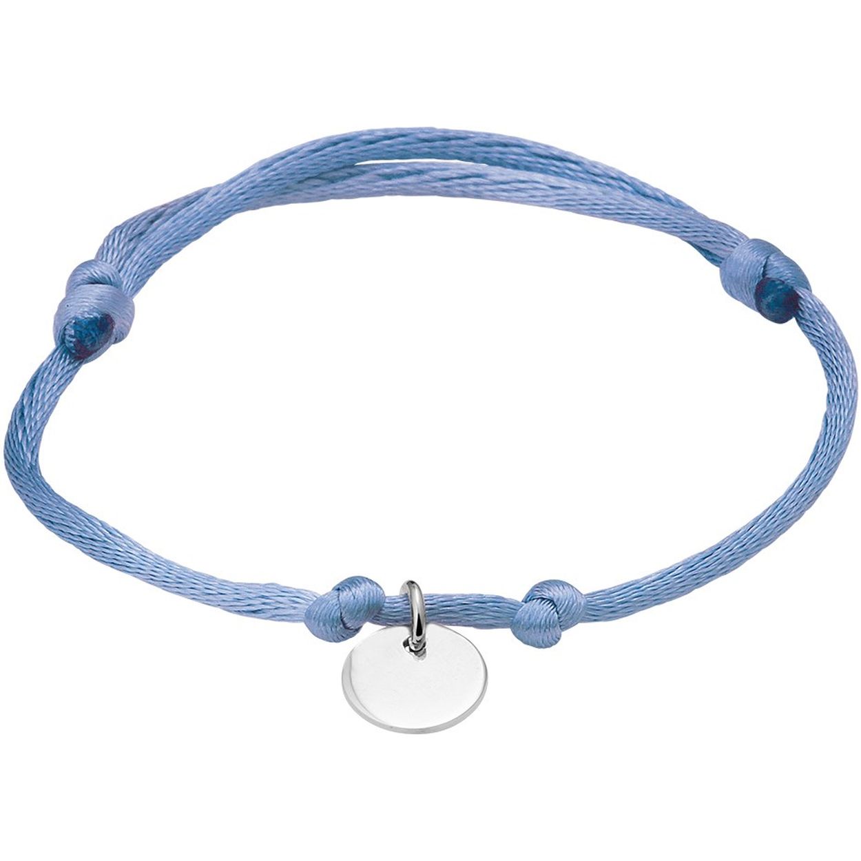 Lichtblauw gevlochten armband uitgevoerd met een gerhodineerd 925 zilveren rondje. De armband heeft draaglengtes van 13 tot 26cm. Het rondje heeft een diameter van 10mm.