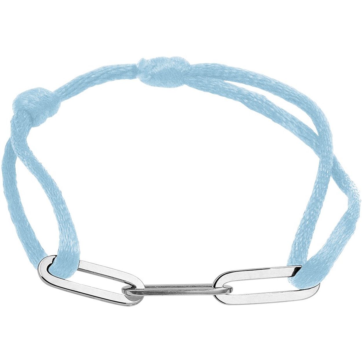 Lichtblauw gevlochten armband uitgevoerd met gerhodineerd 925 zilveren schakels met een breedte van 5mm. De armband heeft draaglengtes van 13 tot 26cm.
