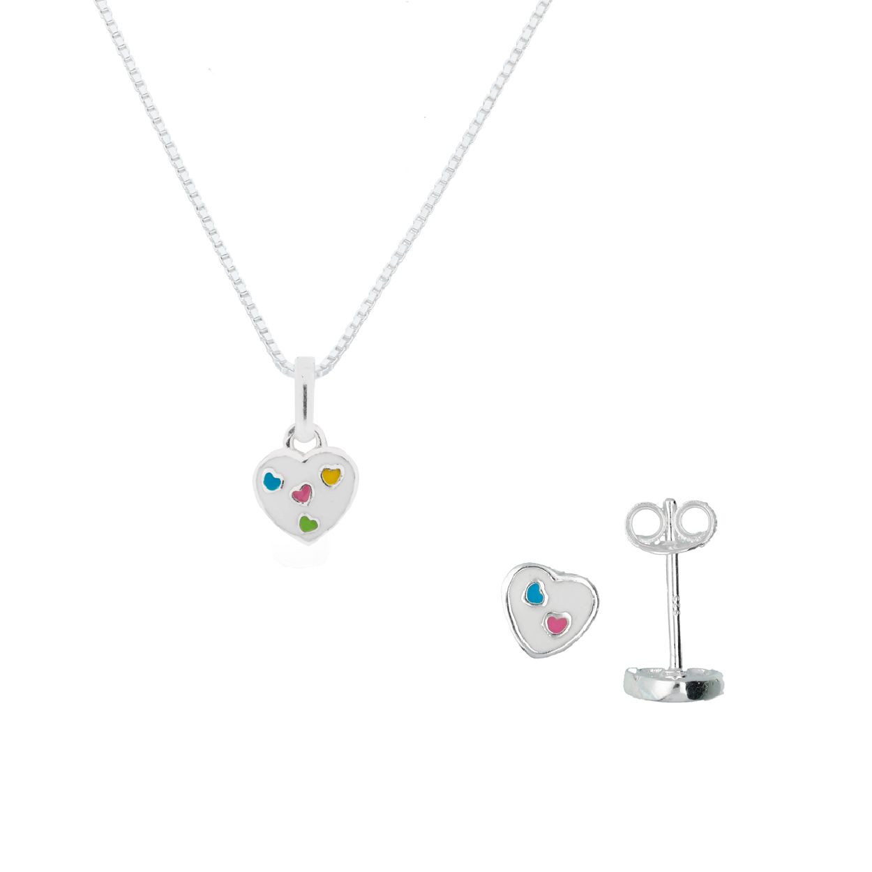 Zilveren sieradenset voor een jongedame met oorstekers en collier met hanger met wit hart met daarin gekleurde hartjes