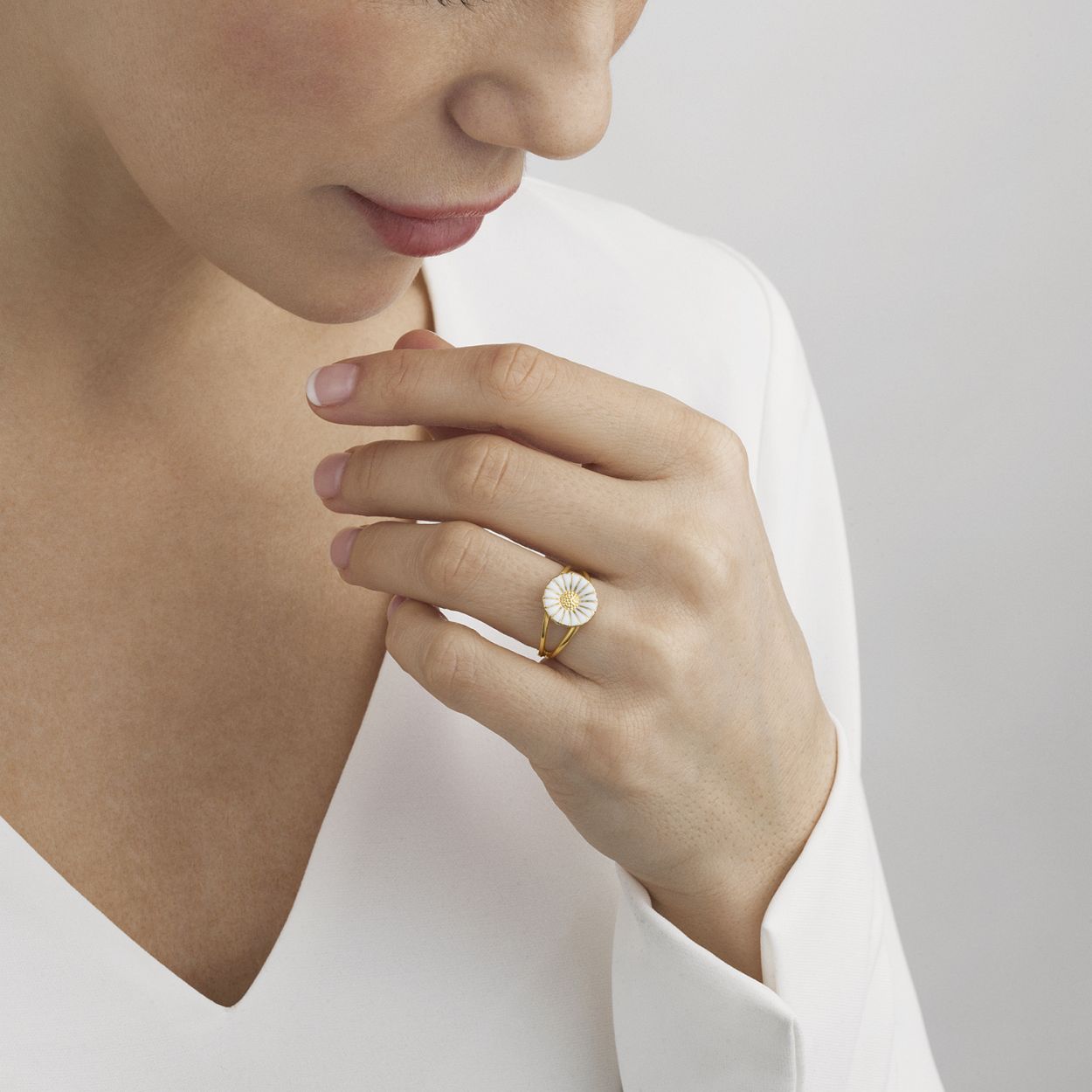 GEORG JENSEN RING DAISY GOLD PLATED WHITE ENAMEL 11MM