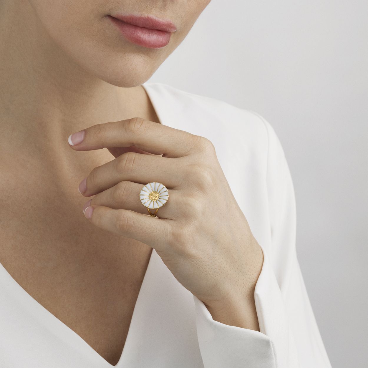 GEORG JENSEN RING DAISY GOLD PLATED WHITE ENAMEL 18MM