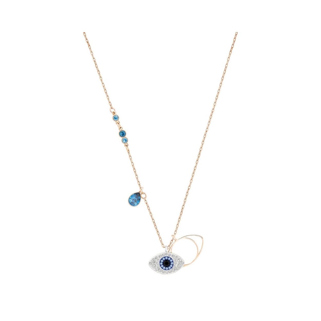 Het hangerduo met boze oog en gemengde metaalafwerking voegt een mystiek accent toe aan elke look. Het bevat één oogmotief in blauw, zwart en helder kristallen pavé en één met een roségoudkleurige toplaag. De hanger is bevestigd aan een ketting met roségoudkleurige toplaag versierd met donkerblauwe kristallen.