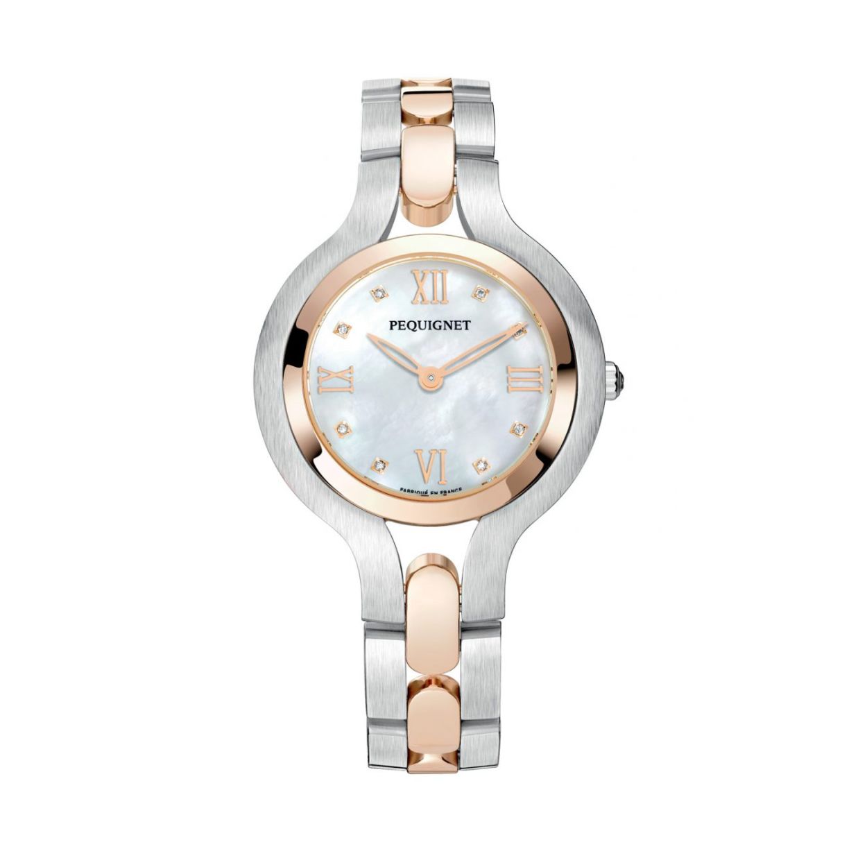 PEQUIGNET TROCADERO DAMES HORLOGE, STAAL MET ROSE KLEUR, PARELMOER WIJZERPLAAT MET 8 DIAMANTEN, ZWITSERS UURWERK EN SAFFIER GLAS