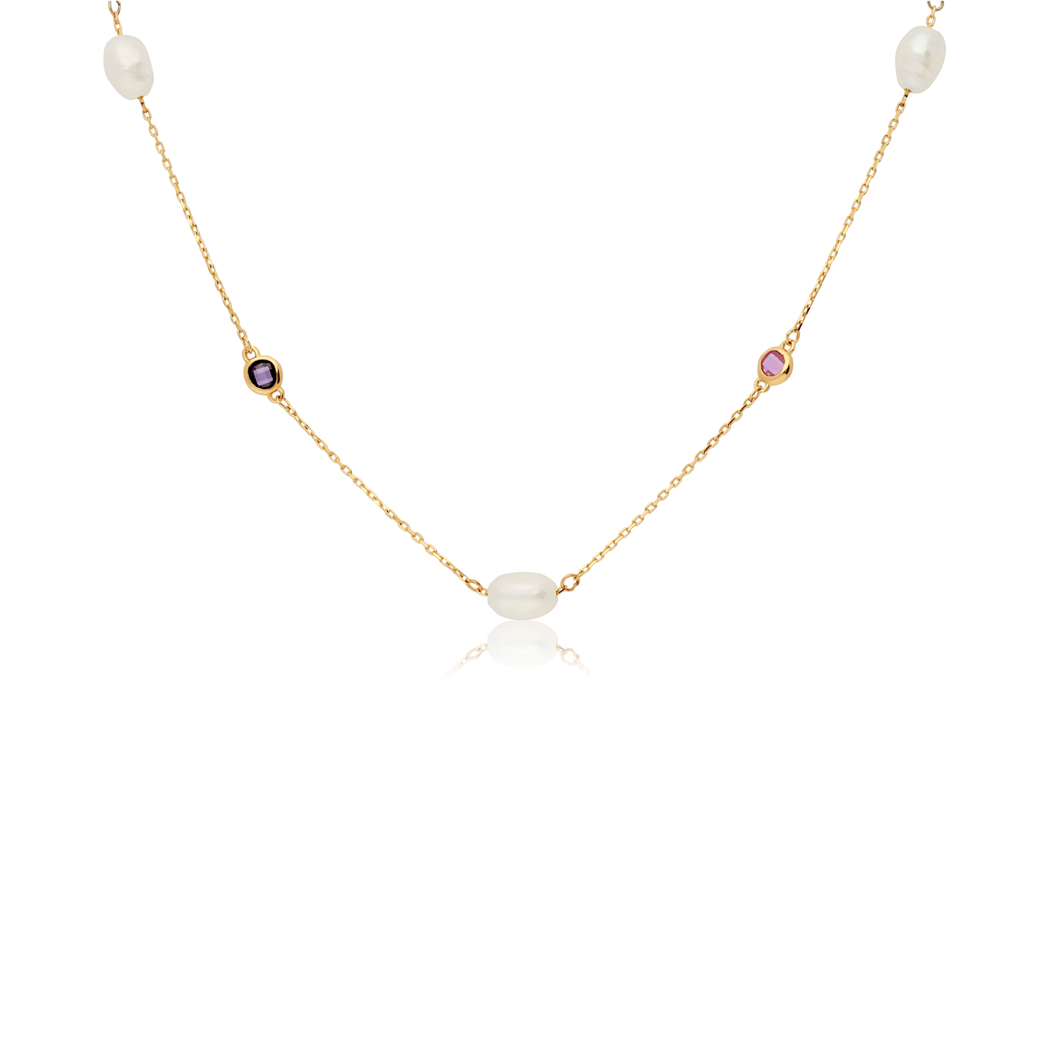 Gouden collier fantasie 42-45cm Parel met kleurstenen