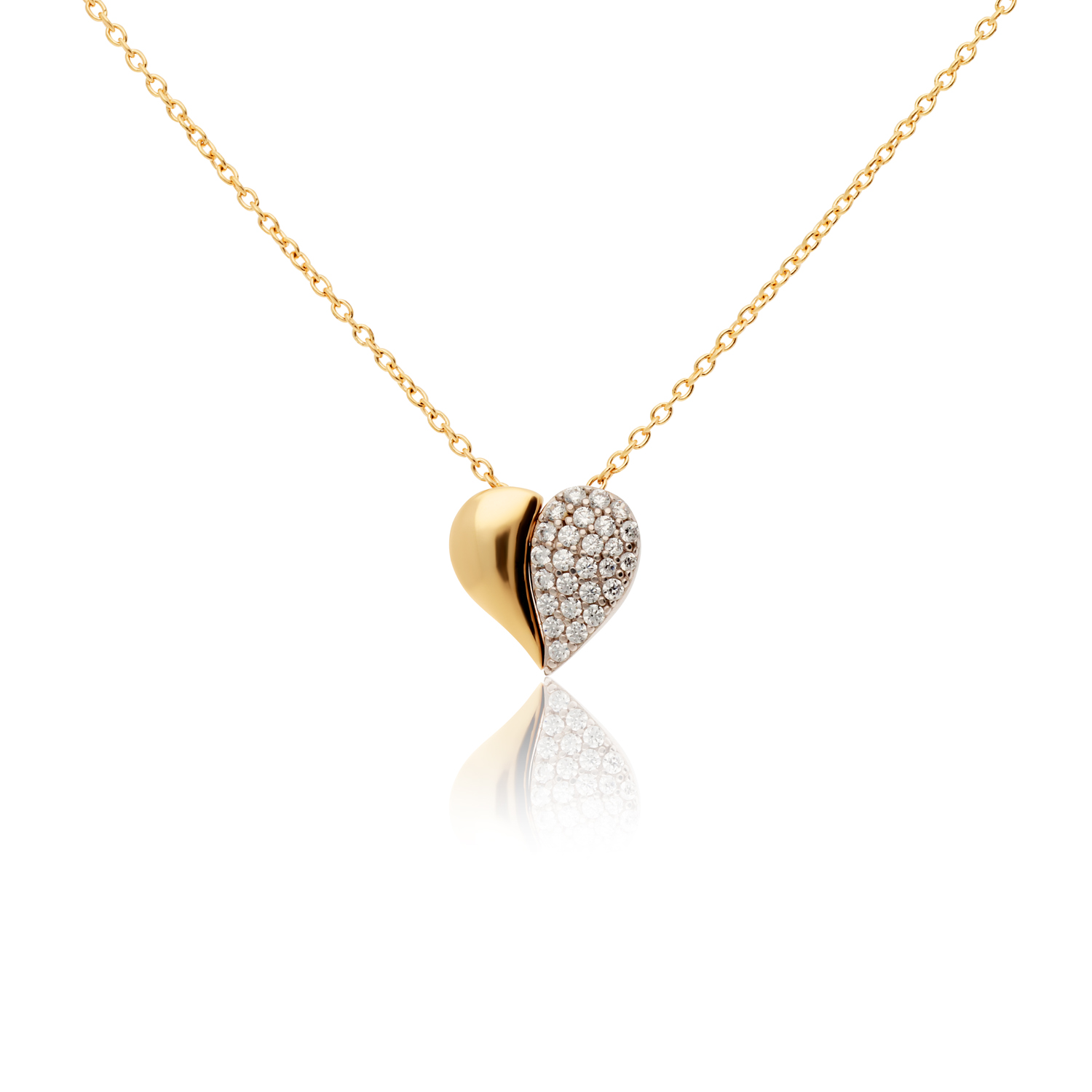 Gouden collier choker 42-45cm hart half zirkonia