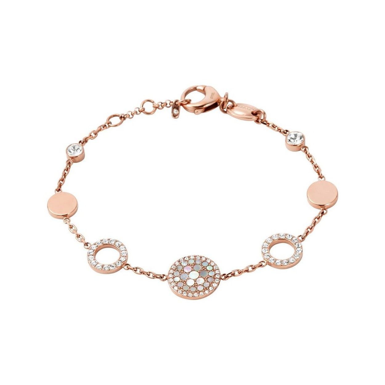 Deze prachtige Fossil armband met artikelnummer JF01739791 zal er voor zorgen dat u zult schitteren op iedere gelegenheid. Door de glimmende roségoudkleurige afwerking en zirkonia stenen in verschillende grootte en vormen is deze damesarmband een echte eyecatcher! De lengte van de armband is verstelbaar van 18 tot 21.5 cm.