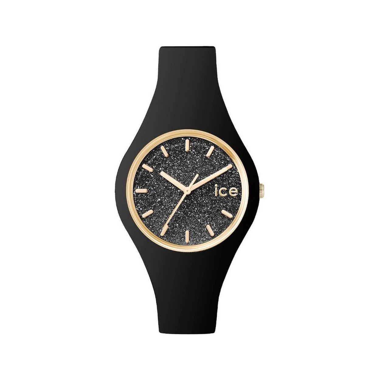 Het is een extradun horloge in zwarte silicone. Zijn zwarte, met pailletten versierde wijzerplaat past perfect bij je gewone en feestoutfits. Het behoudt steeds zijn chique kant dankzij zijn goudkleurige ring en wijzers