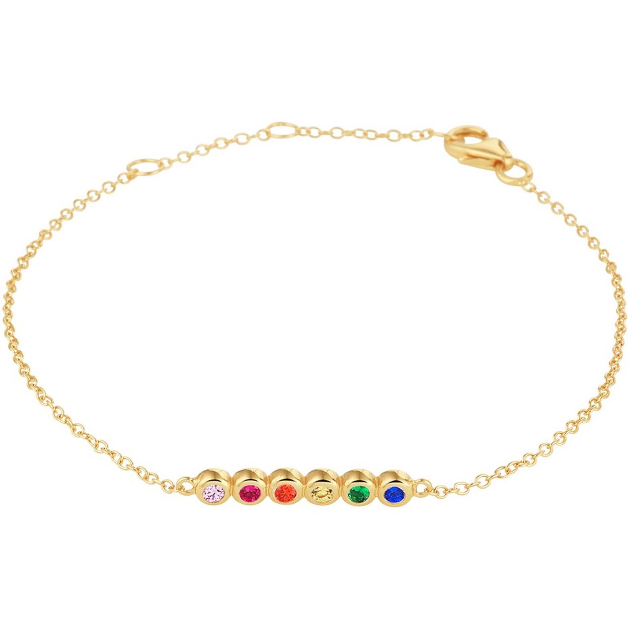 Geelgoud op 925 zilveren armband uitgevoerd met een gekleurde zirkonia rij en een stevige karabijn sluiting. De armband heeft draaglengtes van 16, 17.5 en 19cm.