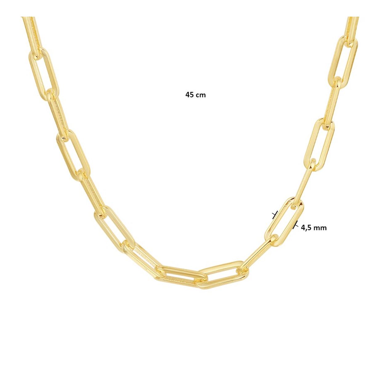 Geelgoud op 925 zilveren anker collier met een schakelbreedte van 4.5mm. Het collier is uitgevoerd met een stevige karabijn sluiting en heeft een draaglengte van 45cm.