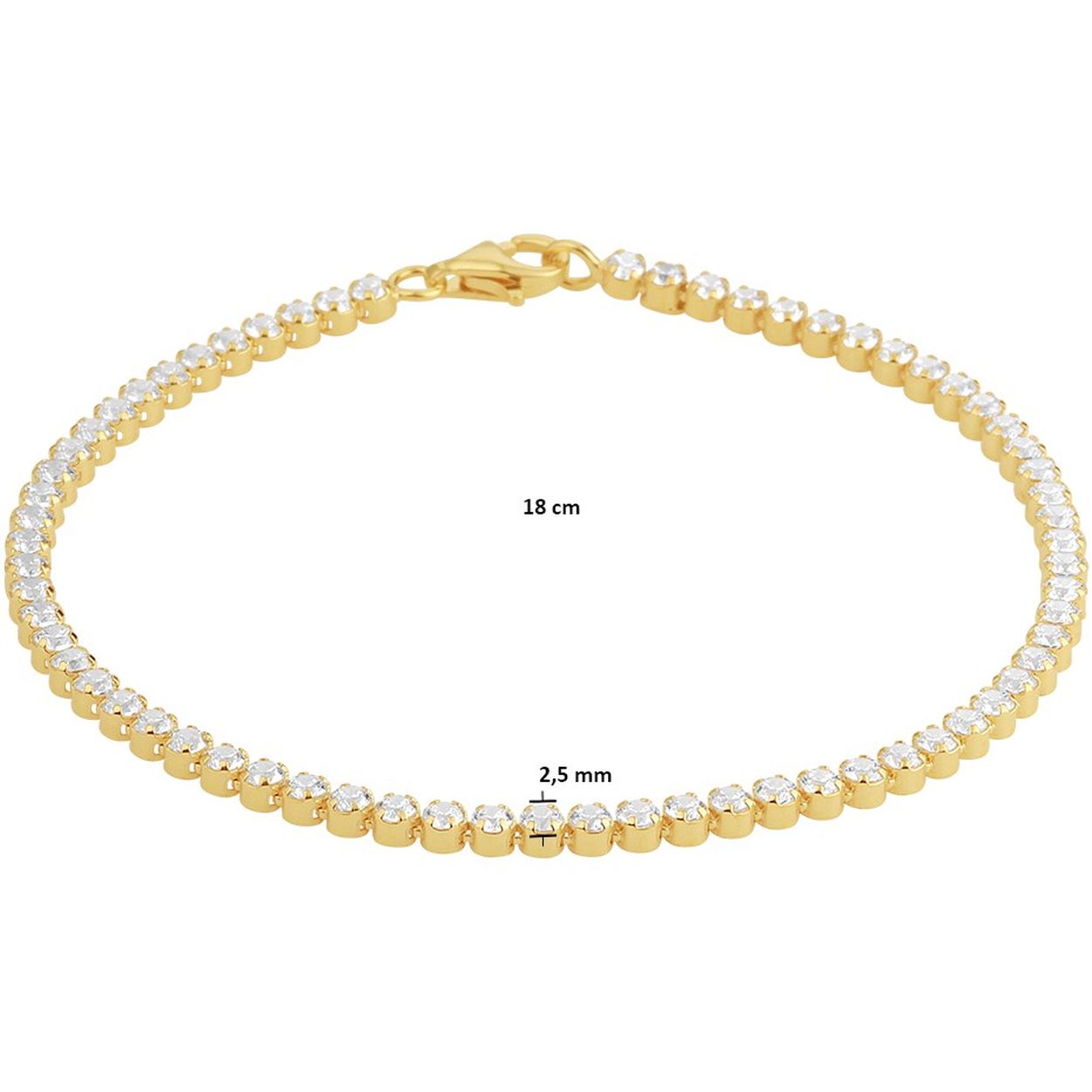 Geelgoud op 925 zilveren tennisarmband uitgevoerd met een schitterende zirkonia rij en een stevige karabijn sluiting. De armband heeft een draaglengte van 18cm en een breedte van 2.5mm.