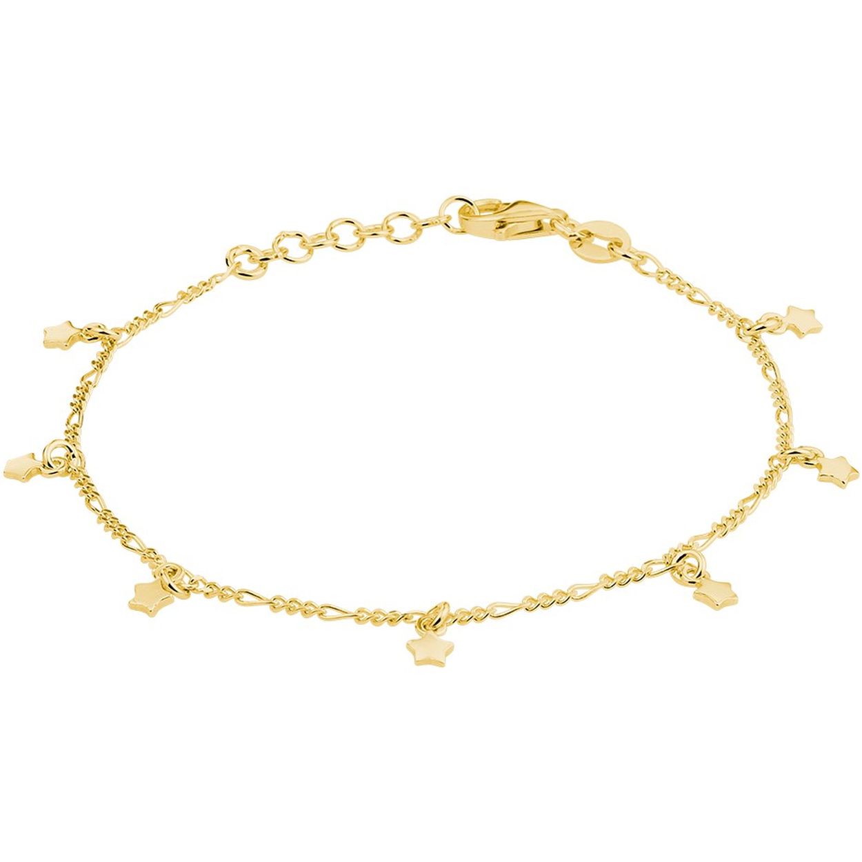 Geelgoud op 925 zilveren armband uitgevoerd met sterretjes en een stevige karabijn sluiting. De armband heeft een draaglengte van 16cm met een extensie van 2cm. De sterretjes hebben een afmeting van 3.3x3.3mm.