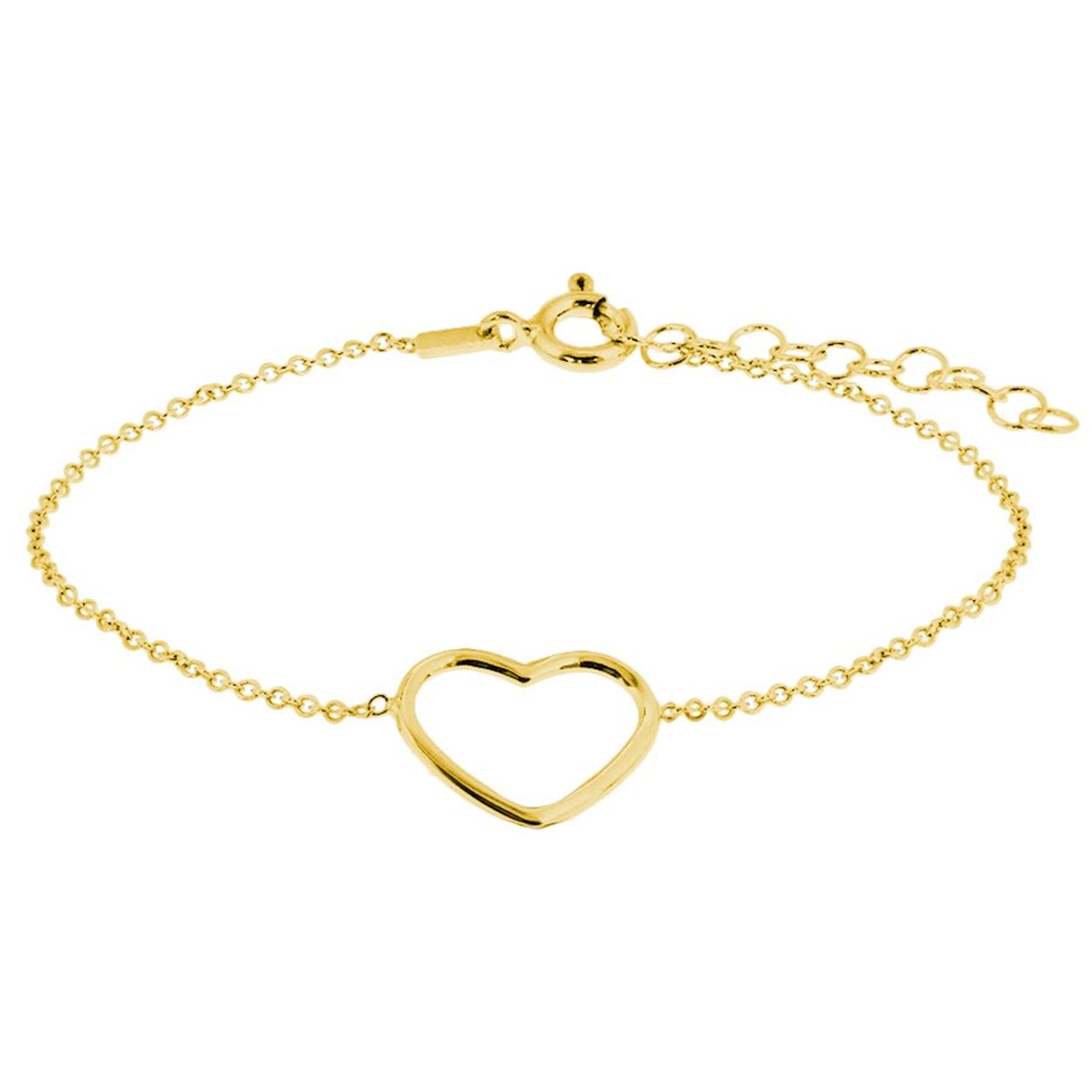 Geelgoud op 925 zilveren armband uitgevoerd met een hartje. De armband heeft een draaglengte van 16cm met een extensie van 3cm. Het hartje heeft een afmeting van 12.5x15.5mm. De schakelbreedte is 1.3mm. Geen garantie op plating.
