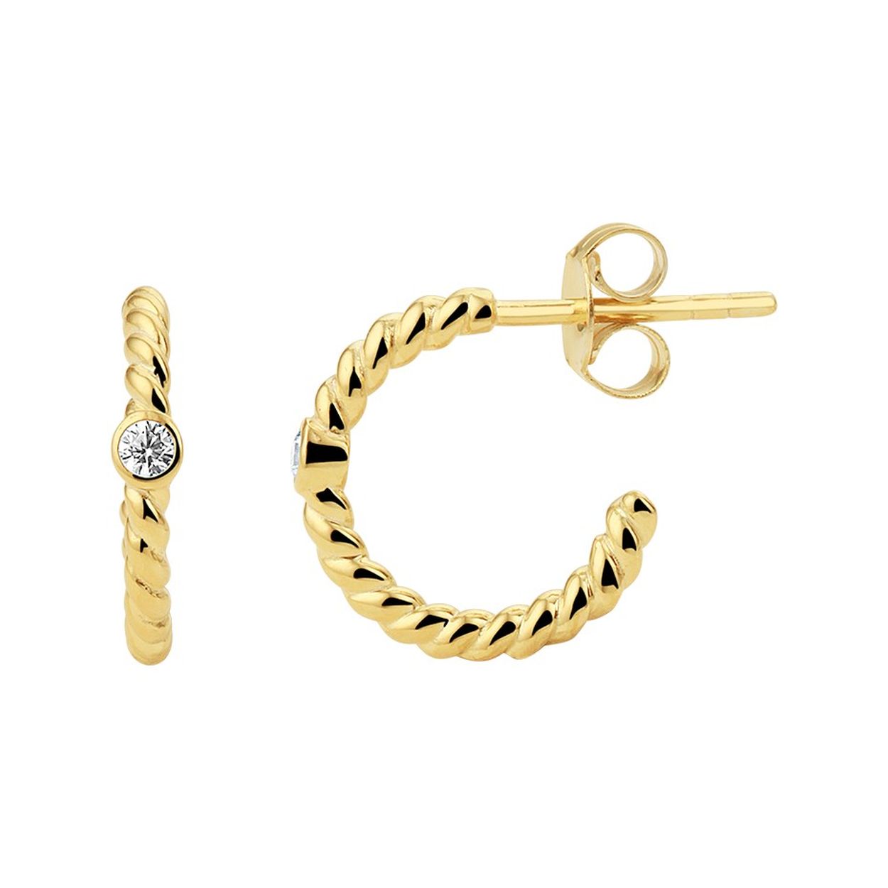 Geelgoud op 925 zilveren stekeroorringen uitgevoerd met een schitterende zirkonia. De oorstekers hebben een afmeting van 13x2.5mm. Geen garantie op plating