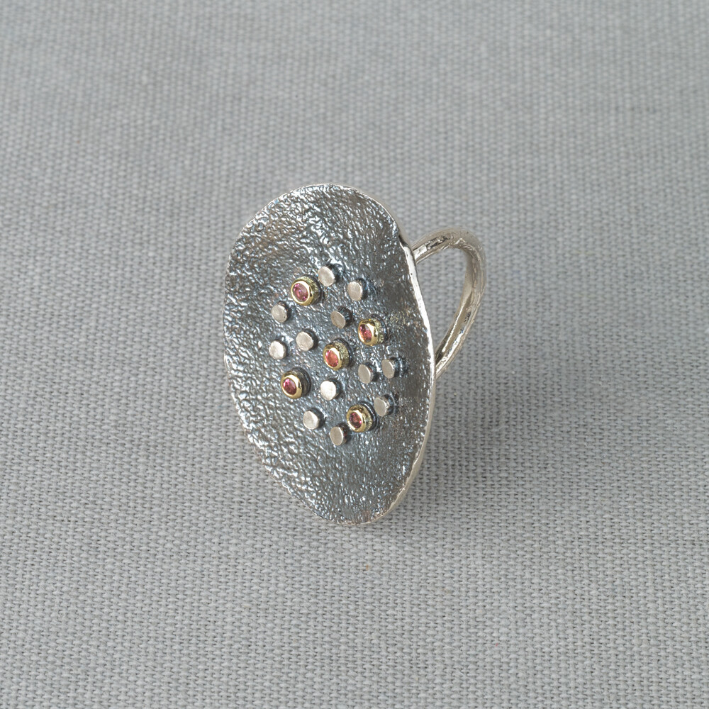 Ring gemaakt van 925 sterling zilver met daarop een schijf gemaakt van geoxideerd zilver. Hierop vind je kastjes gemaakt van 10 karaat en daarin de edelsteen Roze Toermalijn. Combineer deze ring met de bijpassende colliers en oorbellen.