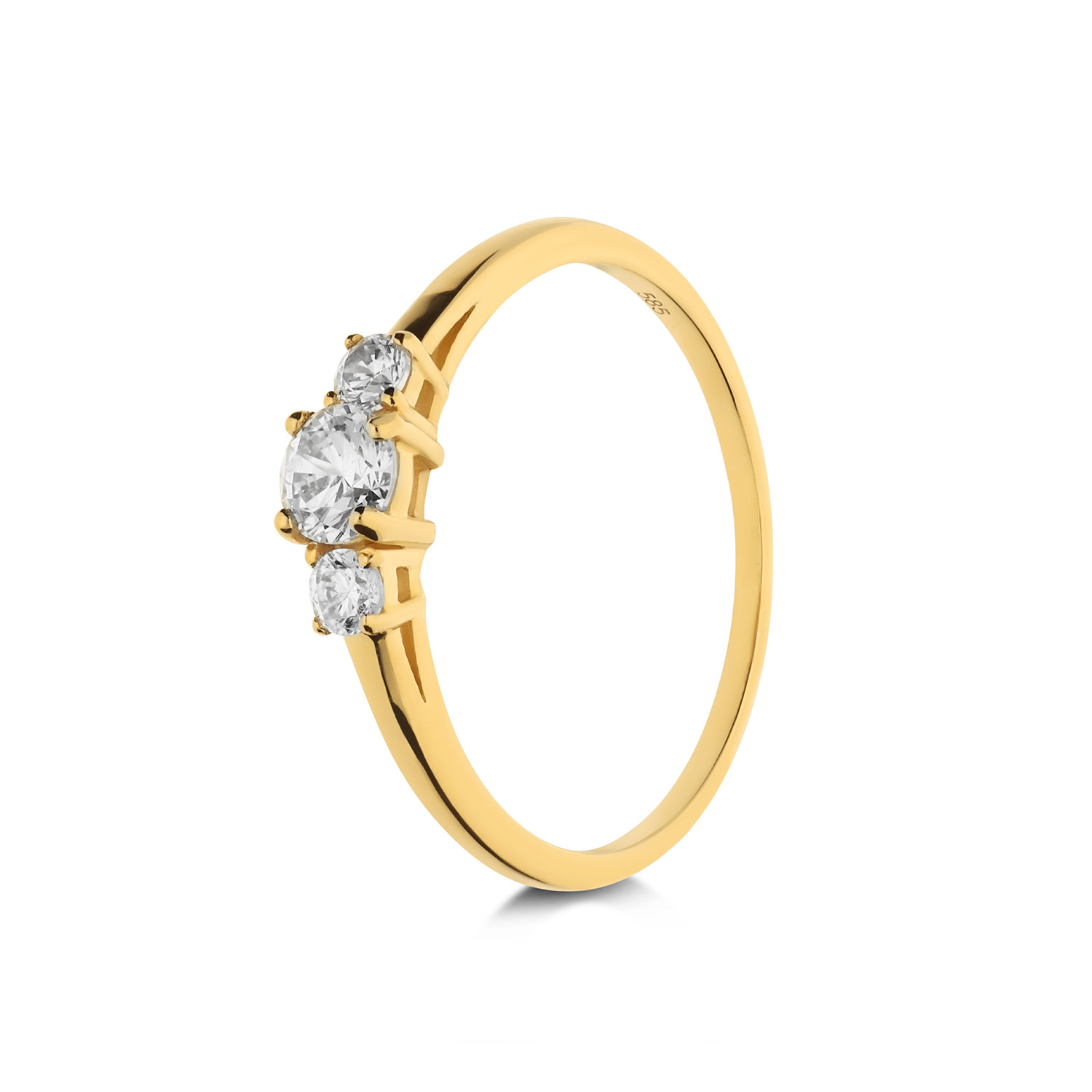 14k geelgouden ring met drie zirkonia's, elk gezet in een chaton met vier zetpoten