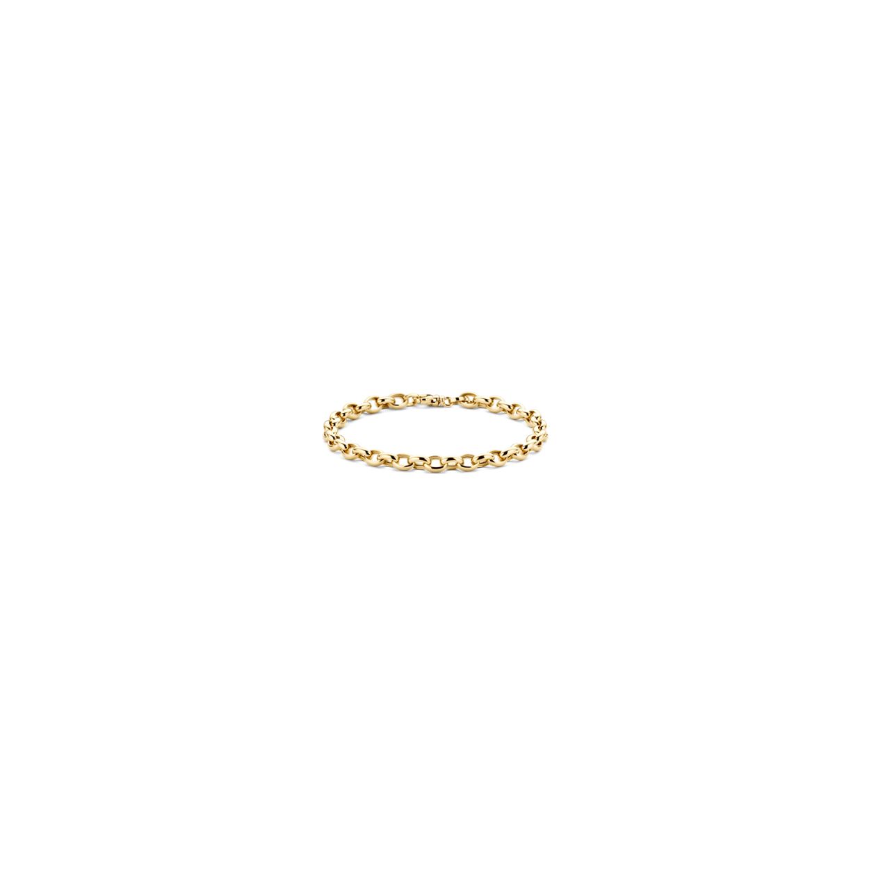 Deze tijdloze armband met minimalistische jasseron-schakels is gemaakt van  geelgoud en heeft een karabijnsluiting. Hij heeft een lengte van 18.5 cm en een doorsnede van 5 mm. Prachtig op zichzelf maar ook mooi in combinatie met andere geelgouden sieraden uit onze collectie.