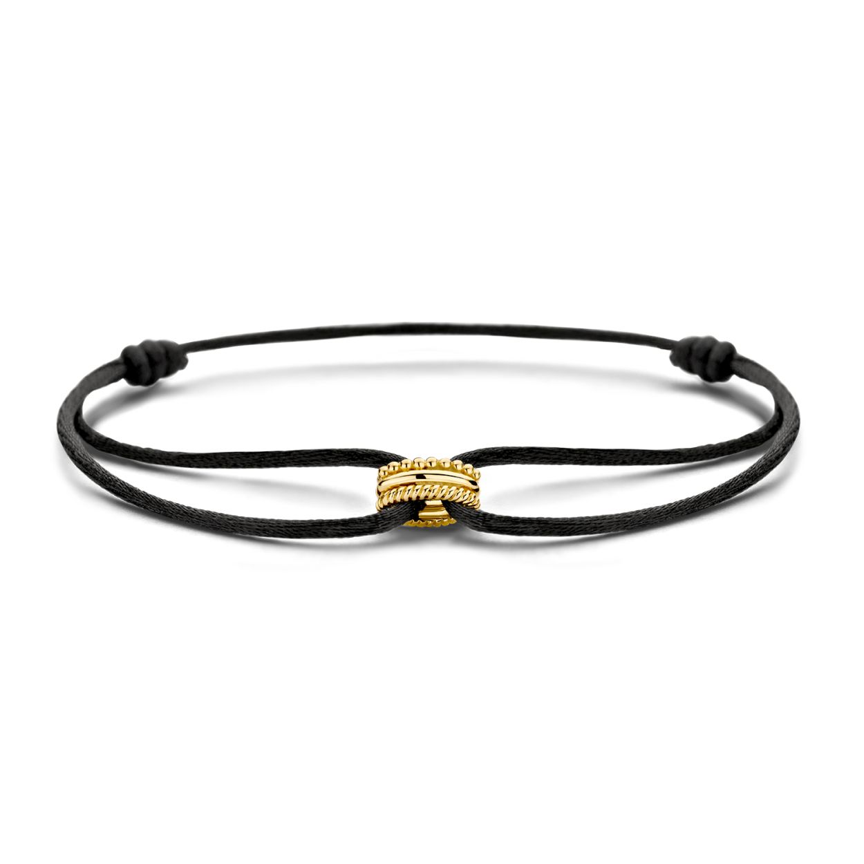 Blush dames armband van zwart zijdekoord met een 14K Geelgouden bedel.