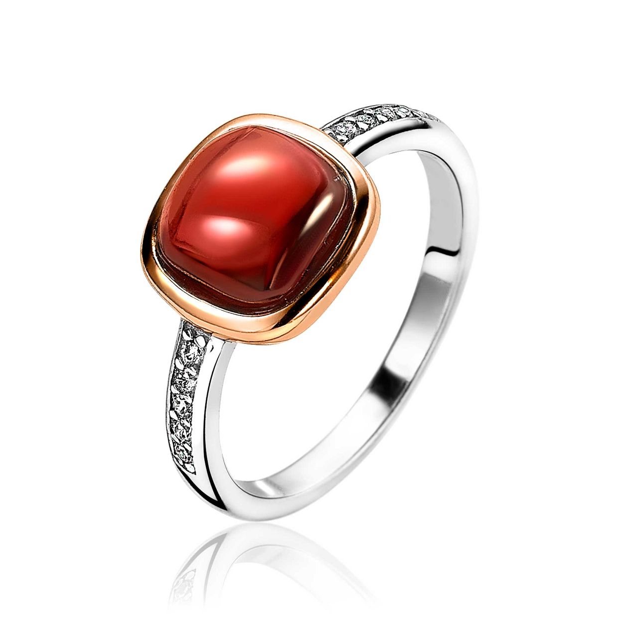 ZINZI zilveren ring rose verguld vierkant rood wit ZIR1717