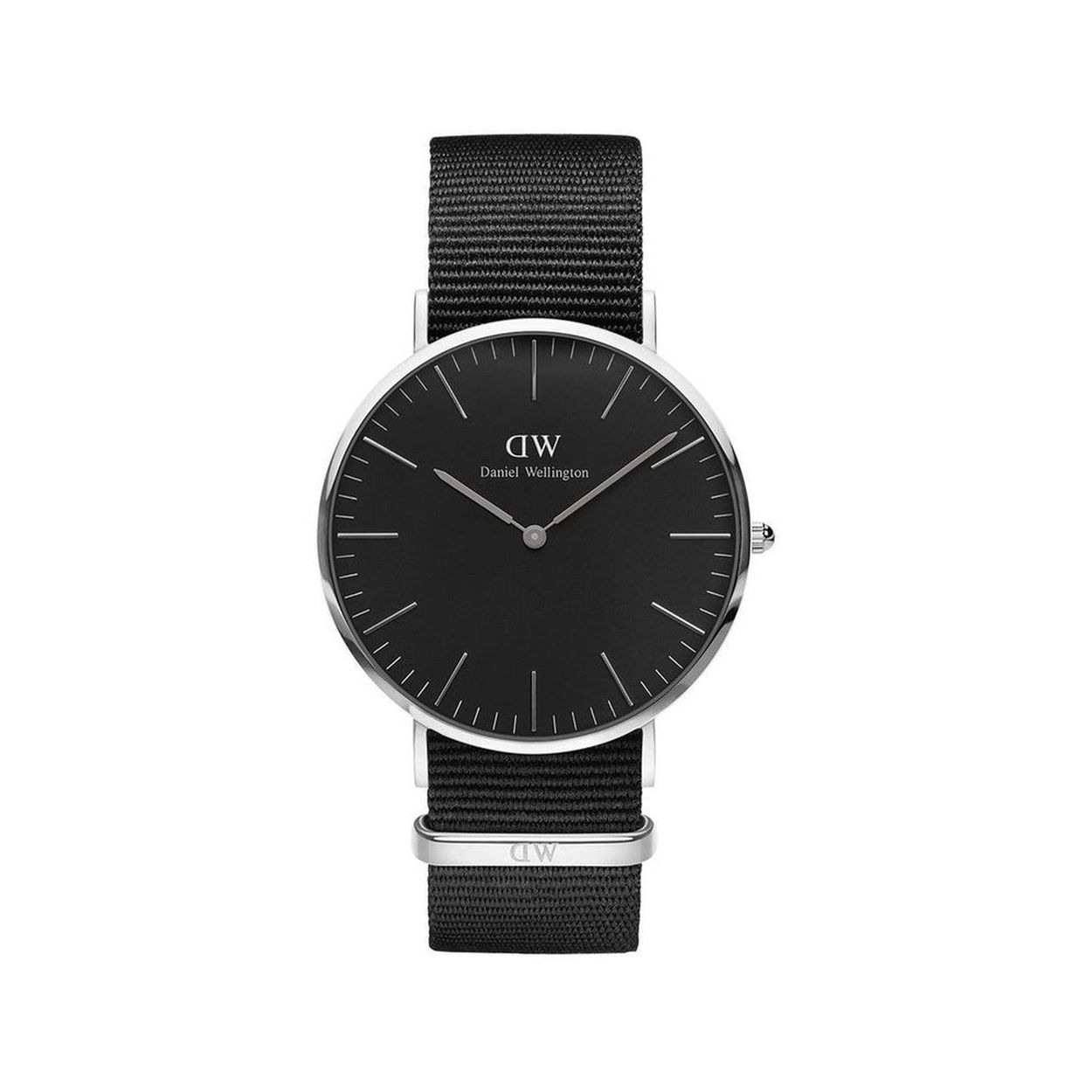 Daniel Wellington – rond stalen horloge in 40 mm met een zwarte wijzerplaat-en een zwart nylon Cornwall bandje.