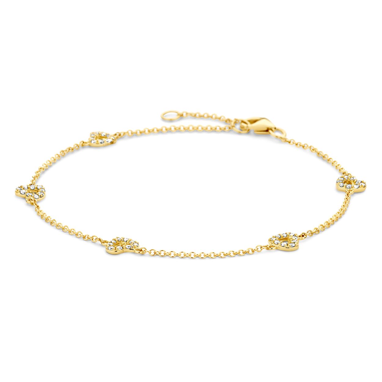 Deze 14k geelgouden armband met roloschakels wordt gesierd door vijf met zirkonia bezette hartjes. De totale lengte is 18 cm en de armband heeft een karabijnsluiting. Een prachtig sieraad waarmee je je liefde kunt tonen, aan een ander of jezelf.