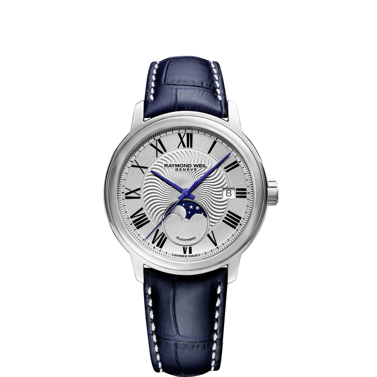 Raymond Weill Maestro 2239-STC-00659.
Stainless Steel kast 40 mm. Automaat Saffier glas. 5 ATM waterdicht. Wijzerplaat zilver, maanstad en datum. Blauw lederen band.
