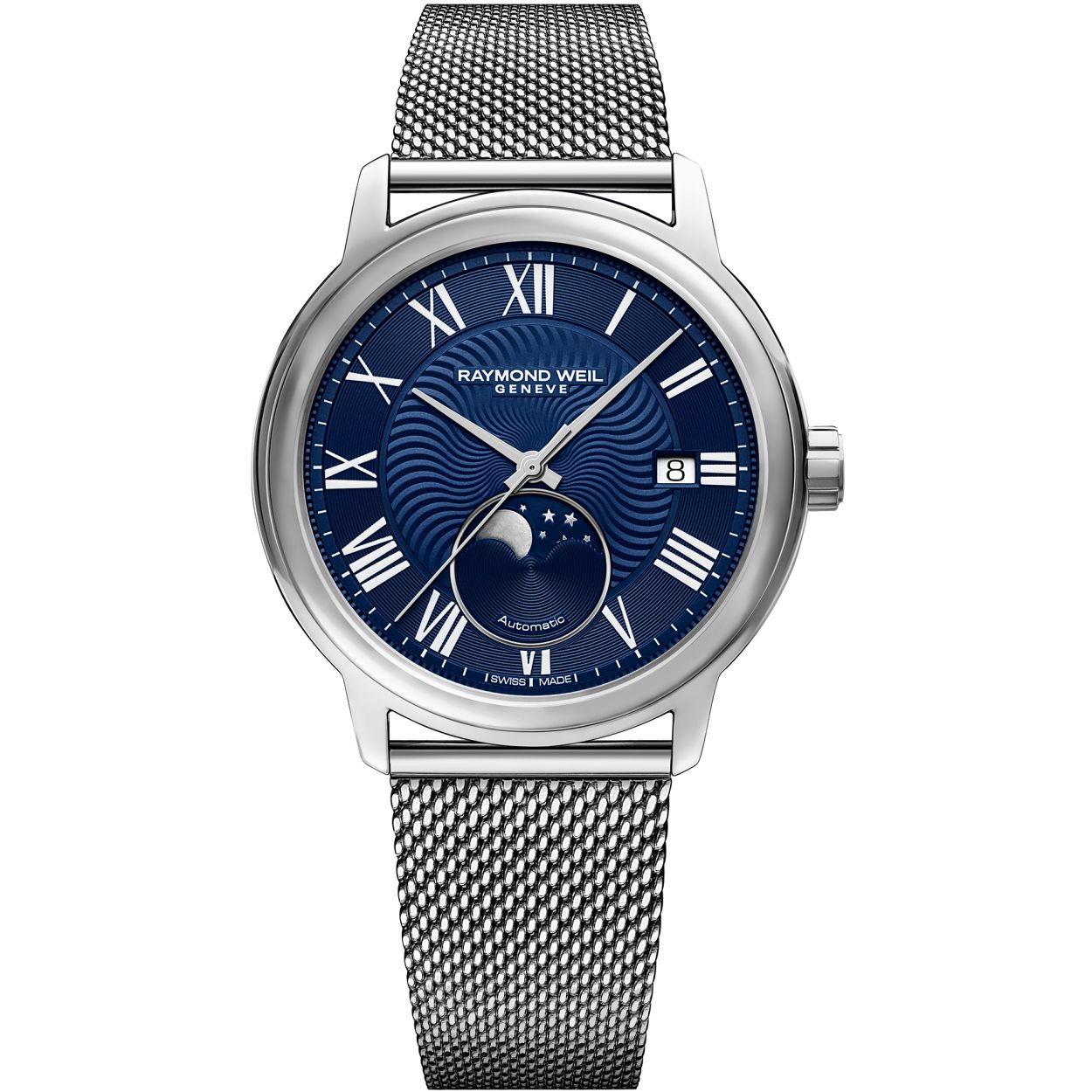 Raymond Weill Maestro 2239-ST-00509
Stainless Steel kast 40 mm. Automaat Saffier glas. 5 ATM waterdicht. Wijzerplaat blauw, maanstad en datum. Stalen band.