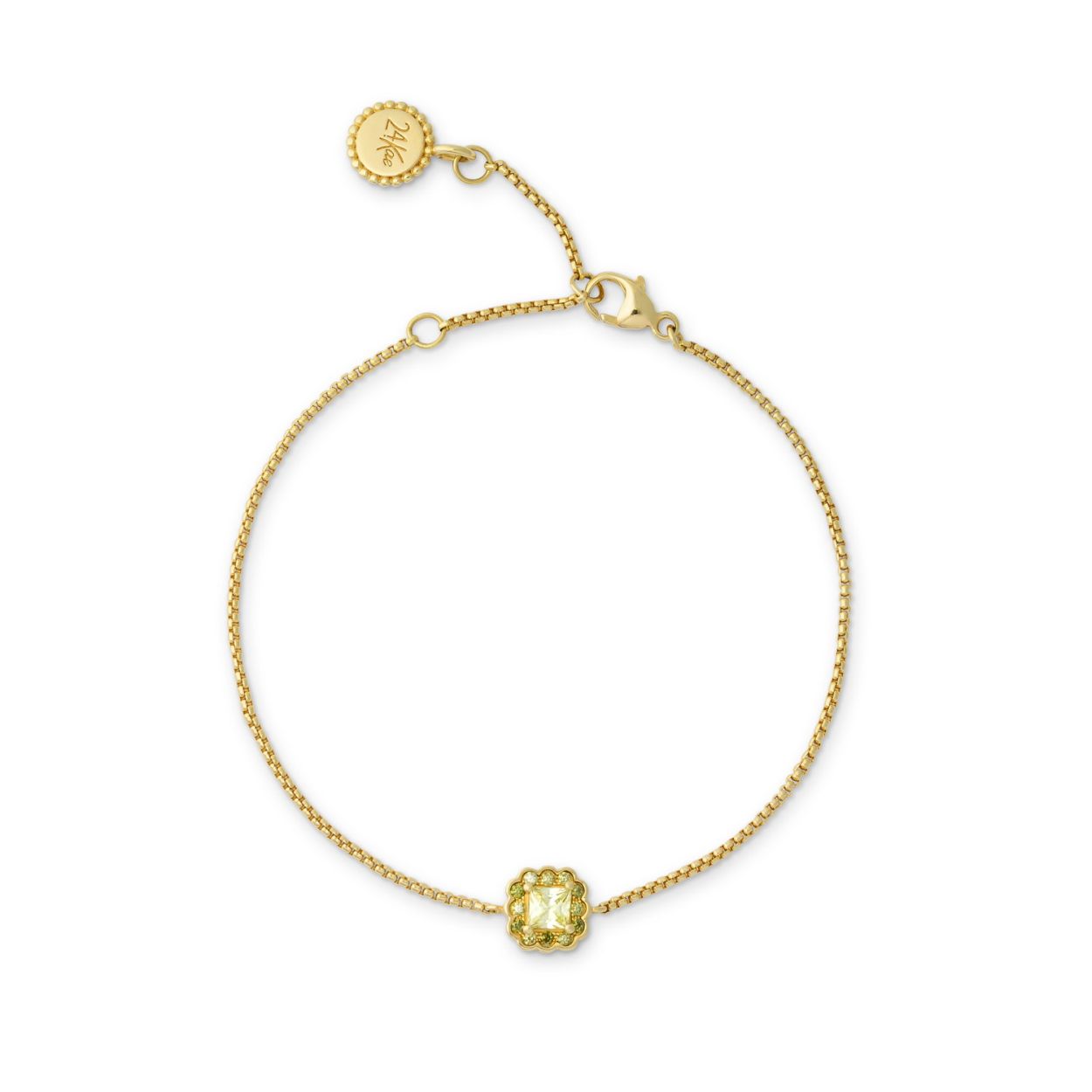 Deze armband met groene accenten en een grote rechthoekige steen in het midden is onderdeel van een nieuwe familie. Combineer de armband samen met de bijpassende ring, ketting en oorbellen voor een complete look. Deze armband is gemaakt van 925 sterling zilver en verguld met 18K goud. Elk 24Kae sieraad is met liefde en oog voor detail ontworpen door Kae Sutherland.