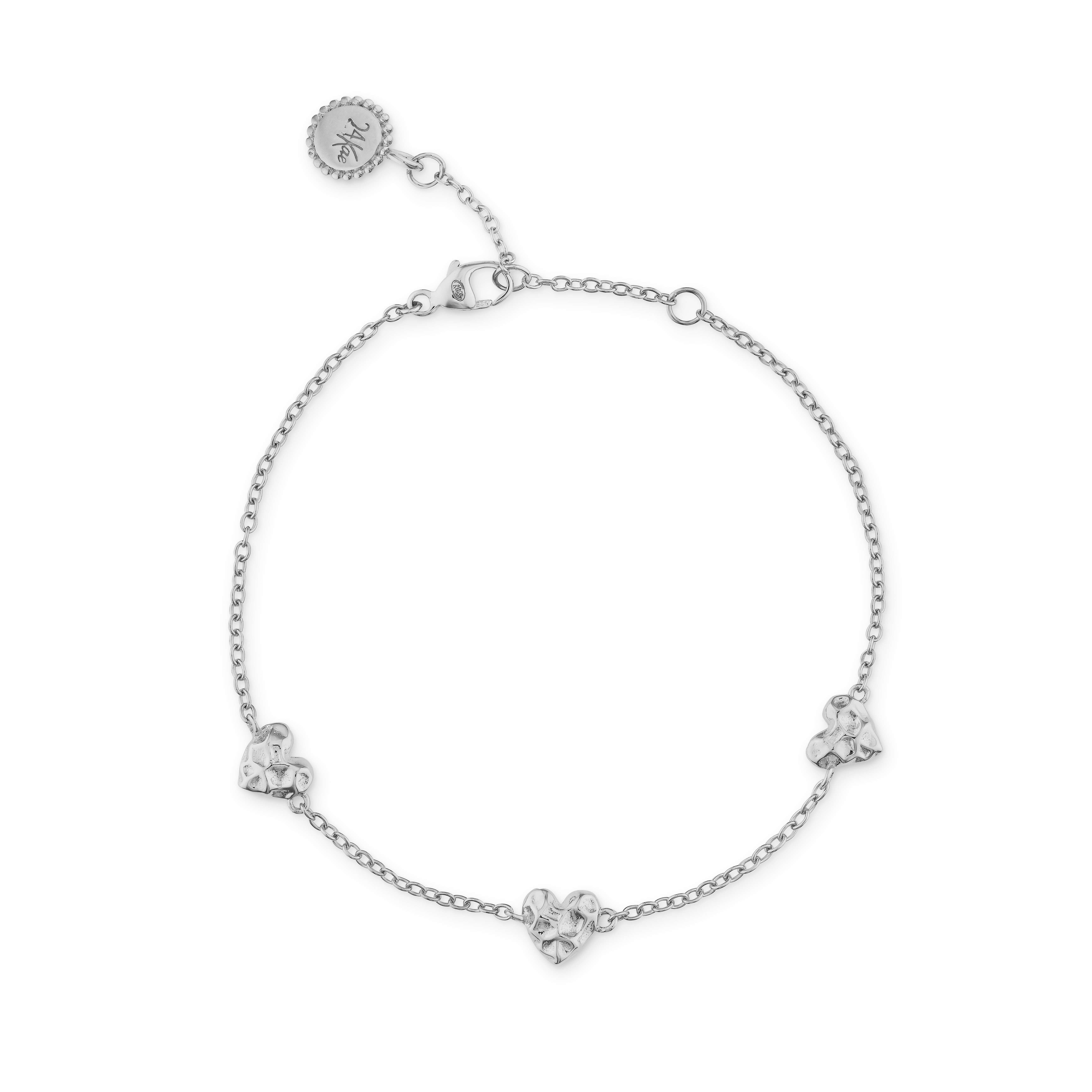 zilveren 24kae armband, 3 gewerkte hartjes