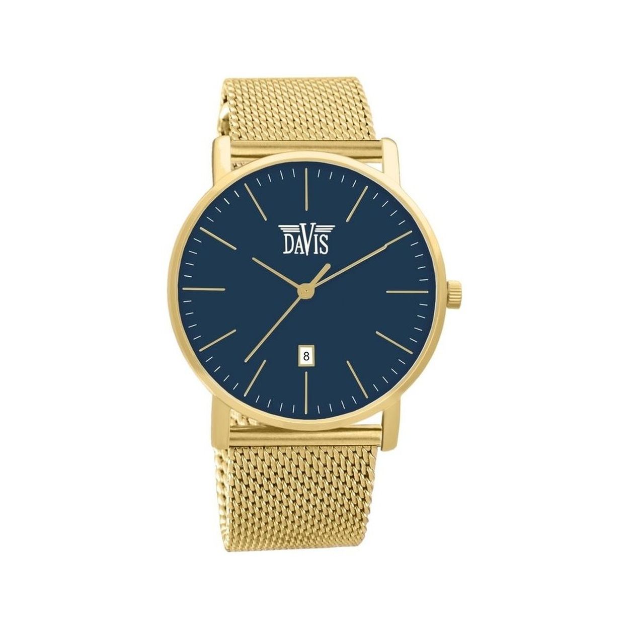Een klassiek horloge met vergulde edelstalen kast en band.
Met de blauwe wijzerplaat en goudkleurige wijzers is dit Davis horloge een uitstekende aanvulling op uw horloge collectie.
De diameter van de kast is 40mm en de dikte slechts 9mm. Dit horloge heeft een edelstalen Milanese band van 22mm breed. Het bijzonder nauwkeurige quartz uurwerk is uitgevoerd met een datum aanduiding. De kast is 5 atm. waterdicht en u heeft 24 maanden garantie op het uurwerk.