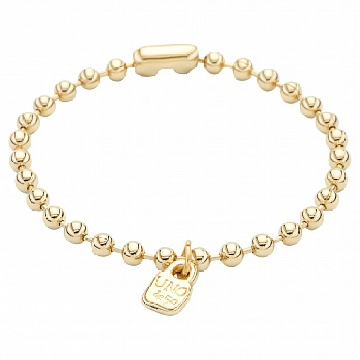 Deze armband is van het merk UNO de 50. Het is een damessieraad gemaakt van metaal. De armband is goud van kleur. De maat van het sieraad is 19.5.