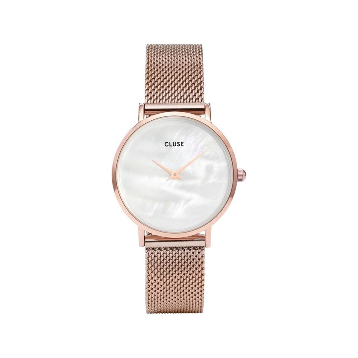 Cluse damesuurwerk 
Collectie: La Perle
Rosékleurige kast en band (milanese)
Wijzerplaat met parelmoer effect