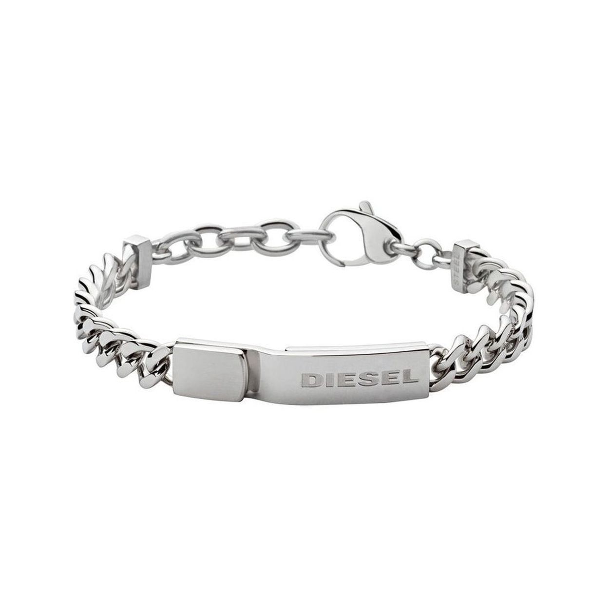 Diesel stalen schakelarmband met logo en een haak-oogsluiting.
Lengte van de armband is te verstellen van 18cm tm 19.5cm