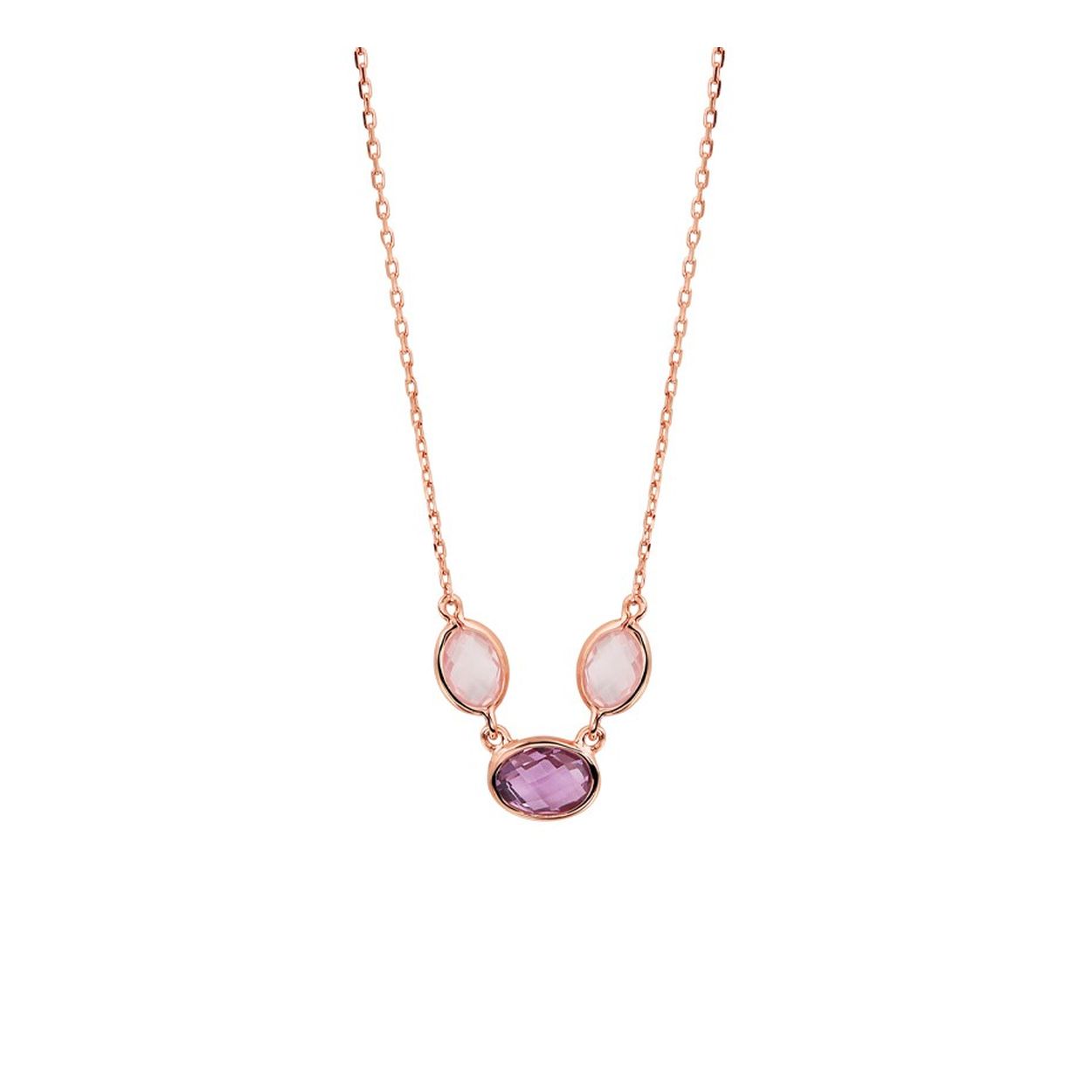 Rosegoud op 925 zilveren anker collier uitgevoerd met amethist en roze kwarts stenen. Het collier heeft een karabijn sluiting en draaglengtes van 40, 42 en 44cm. De schakelbreedte is 0.9mm. Geen garantie op plating.
