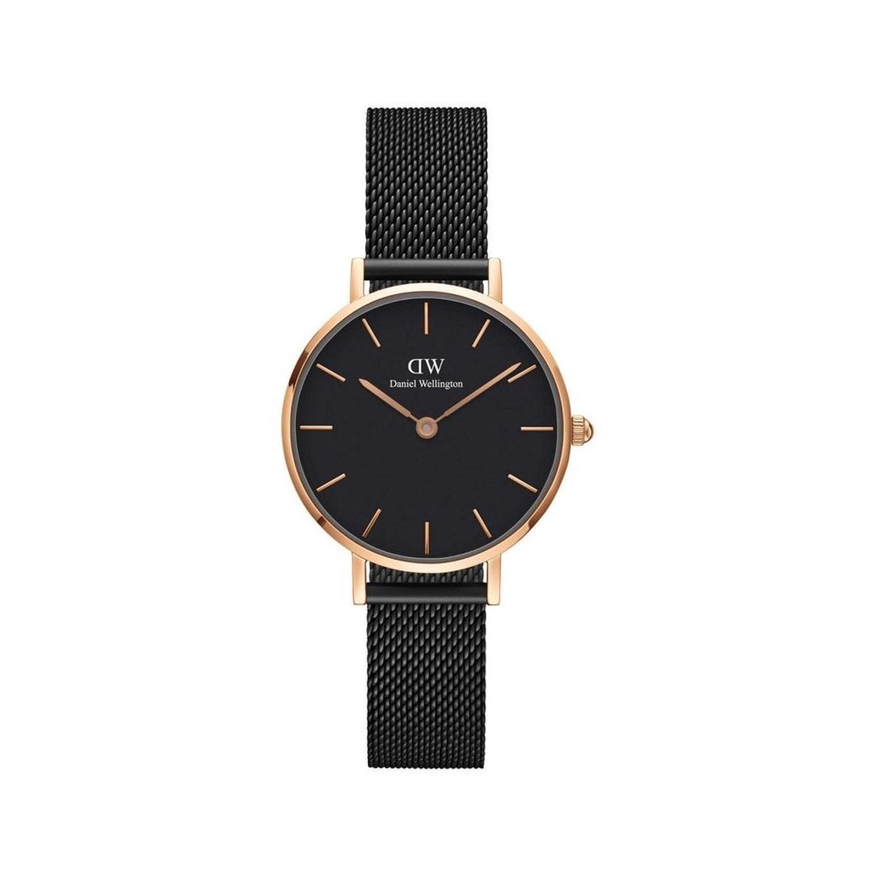 Trendy  rosé goudkleurig horloge van Daniel Wellington. met een zwarte meshband