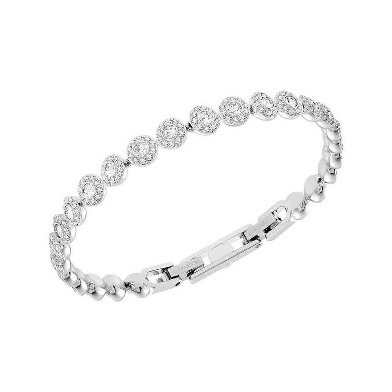 Pure, tijdloze elegantie. Deze rodium-vergulde armband bevat een rij ronde heldere kristallen, elk ingelijst in sprankelende heldere kristallen pavé. Perfect te combineren met andere items uit de Angelic-collectie.
