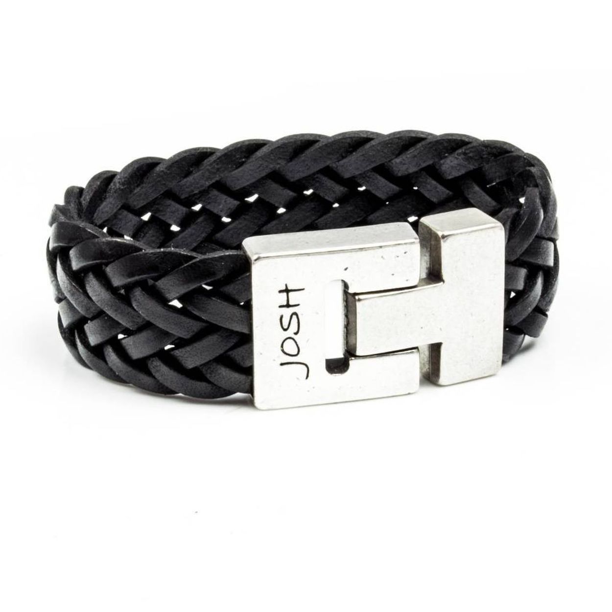 Josh armband leder verzilverd vlecht breed 24340-BRA-BLACK-L-1 