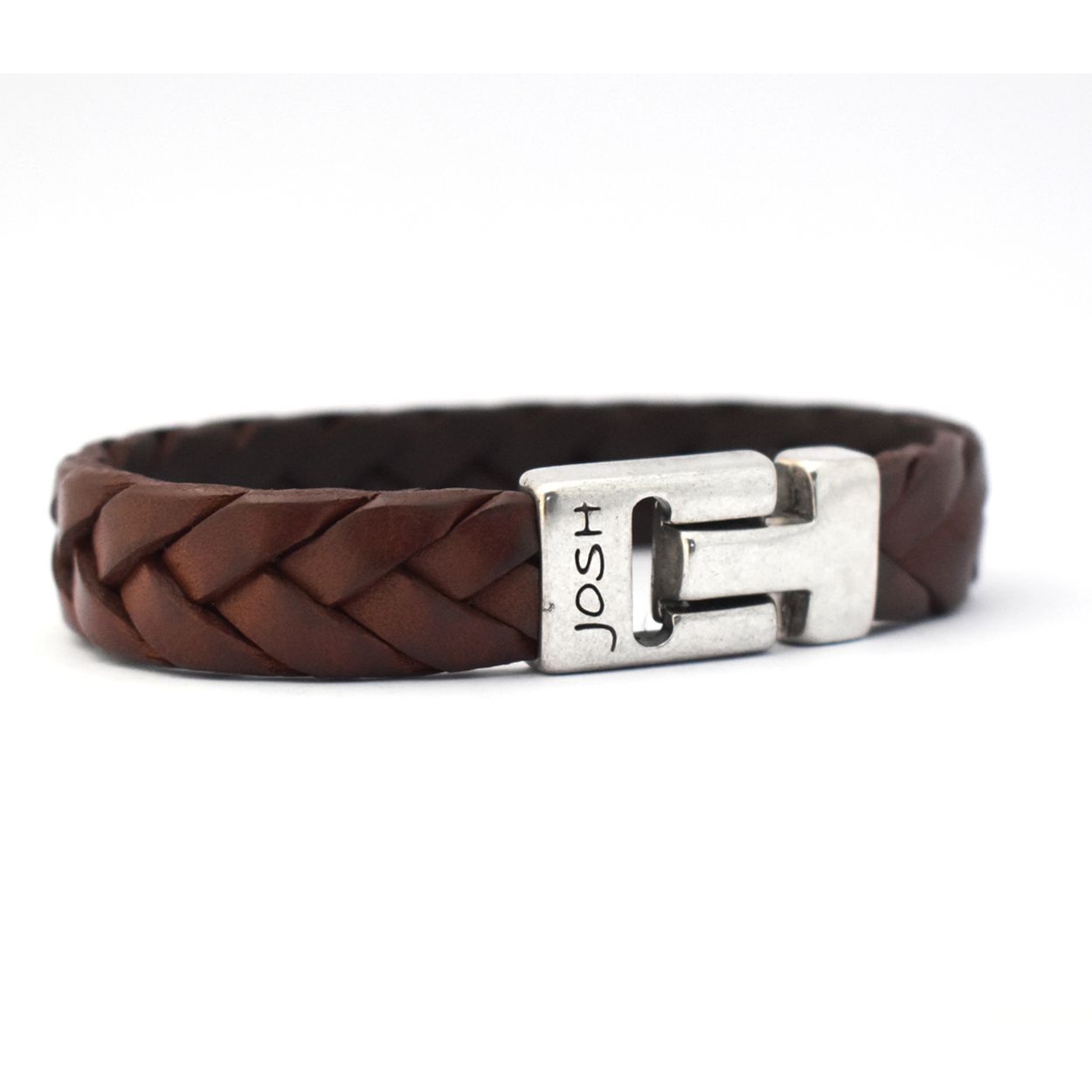 Josh armband leder verzilverd gevlochten Cognac 24353-BRA-COGNAC-L-1