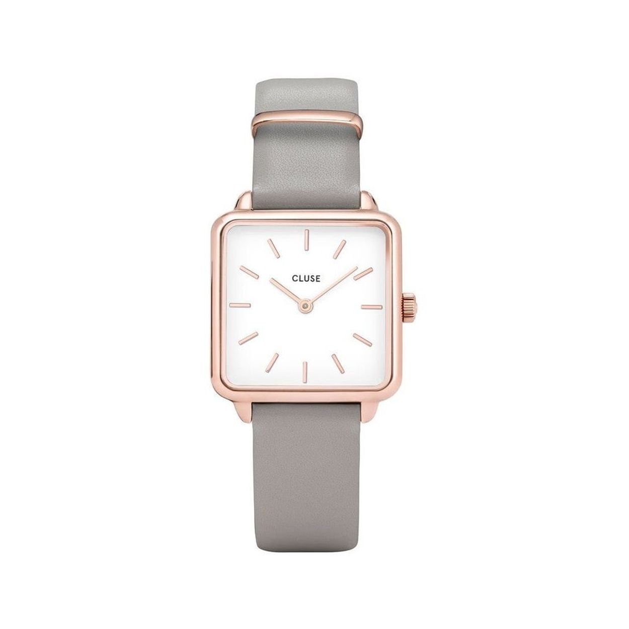 Cluse damesuurwerk
Collectie: La Tétragone
Grijze lederen band
Rosékleurige vierkante kast, witte wijzerplaat