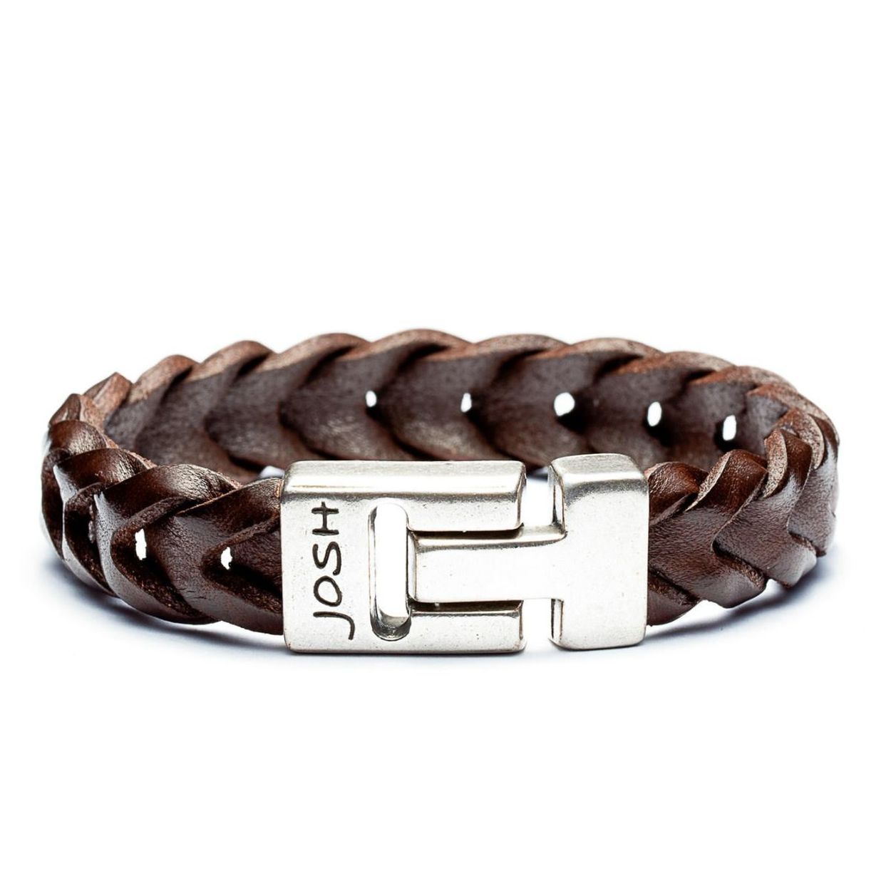 Josh armband leder verzilverd BROWN L -1      24728