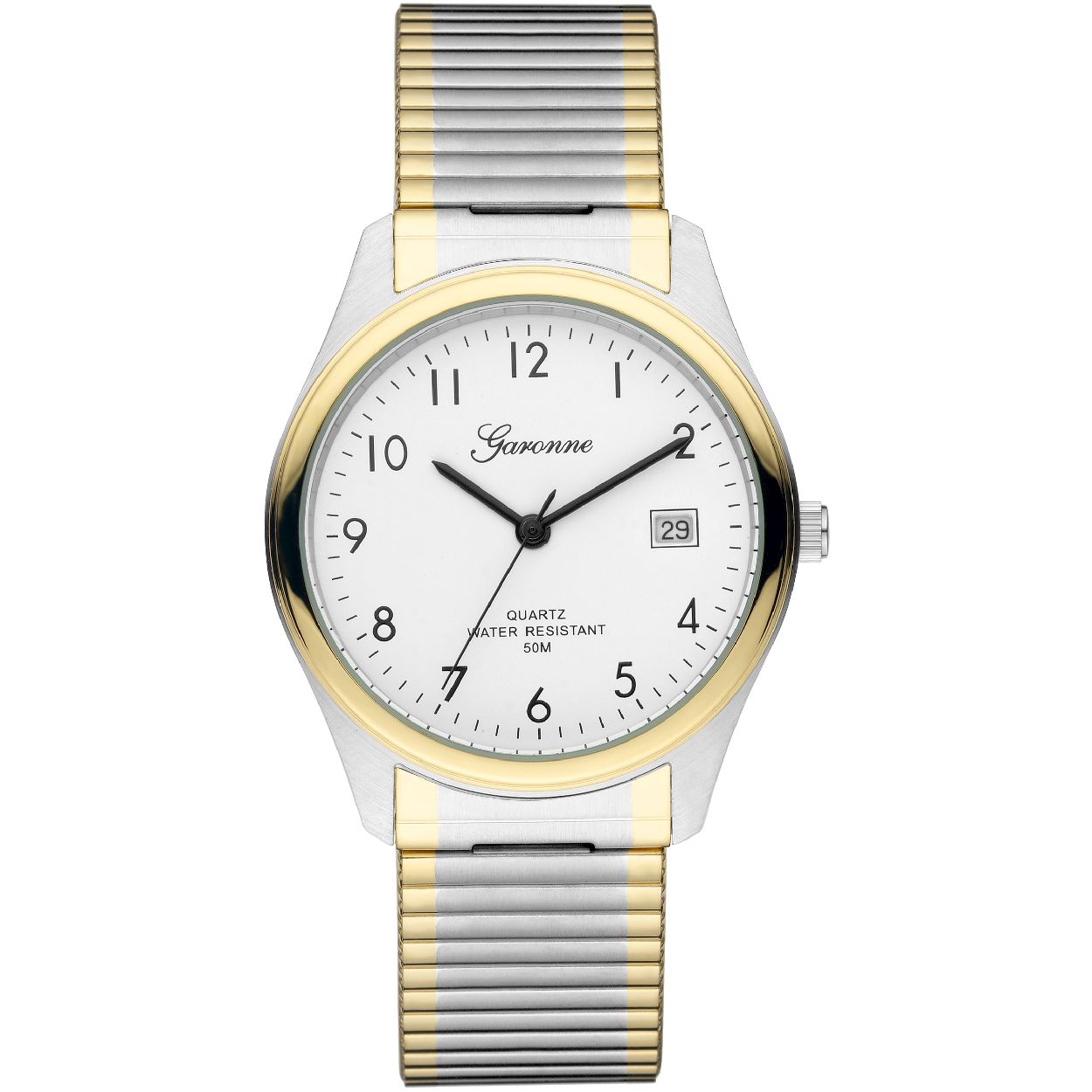 Dit horloge is van het merk Garonne. Het is een  horloge met een band gemaakt van edelstaal. De diameter van de kast is 35 mm.
De verdere specificaties van het horloge zijn als volgt:
Kastmateriaal: edelstaal
Waterdichtheid: 5 ATM
Kastvorm: rond
