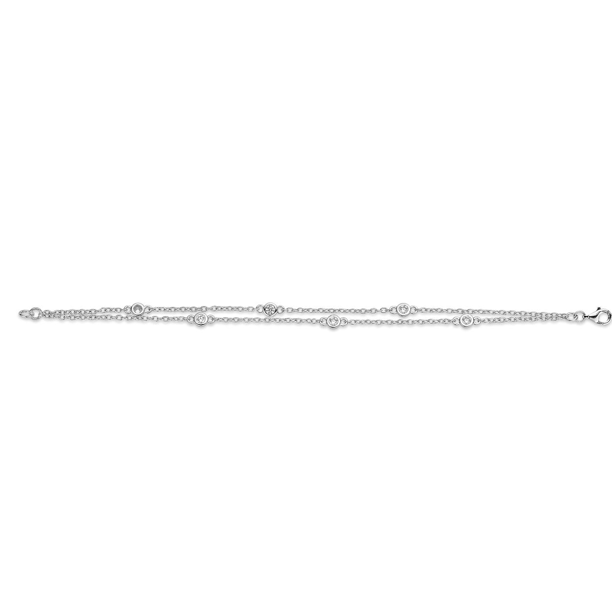 De MOMENTS armband zilver dubbele band met zirconia is een elegante armband van hoge kwaliteit, gemaakt van zilver met een lengte van 18 cm en een gewicht van 69 gram. Met zijn zilverkleurige glans en dubbele zirconia-elementen is het de perfecte accessoire voor elke gelegenheid. Draag het losjes om de pols voor een verfijnde en gepolijste uitstraling. Modelnummer: 25348AW.