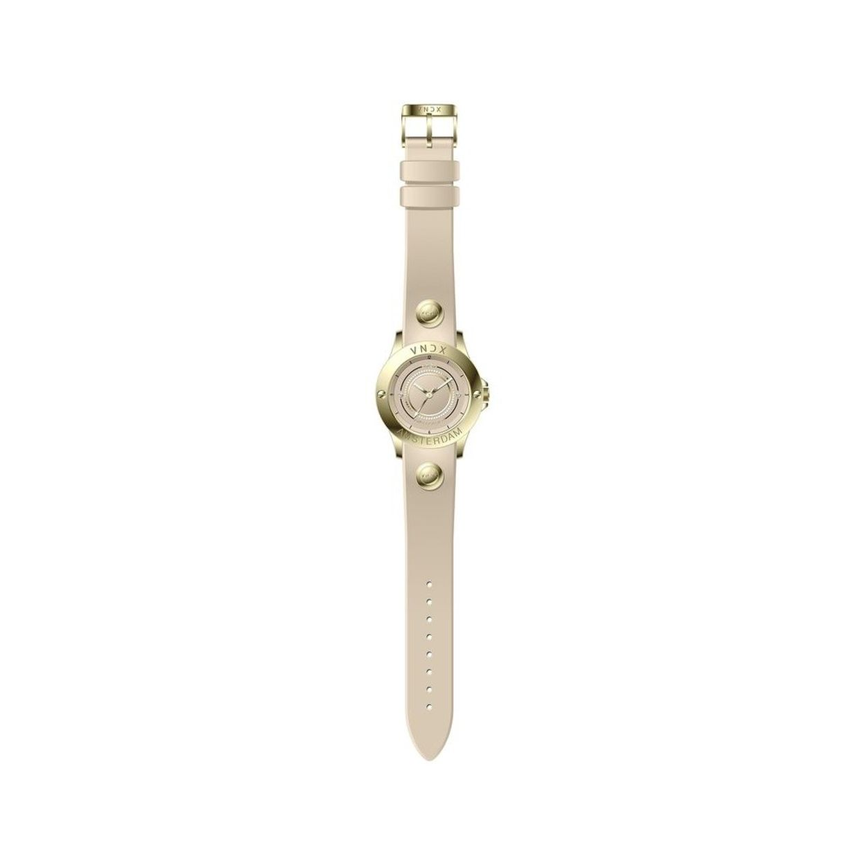 Dit prachtige horloge om je pols geeft je een ongeëvenaard gevoel van stijl en kracht. Deze mooie uitvoering met stijlvolle beige silicone band en gouden kast maken dit horloge tot een waar juweel voor elke gelegenheid. Draag het met trots en plezier, schitter als een icoon. Never too late!