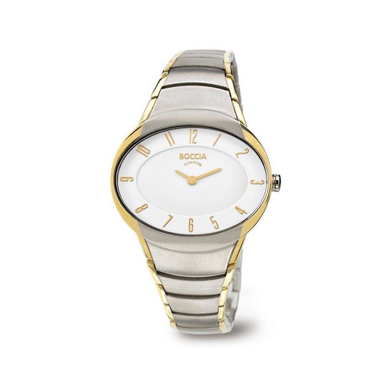 Boccia Titanium 3165-11
Dit dameshorloge van Boccia Titanium heeft een nette uitstraling. De tweekleurige horlogekast zorgt voor een stijlvolle look en de witte wijzerplaat maakt het horloge net wat sierlijker. Het horloge heeft een ovale kastdiameter van 36mm, een mineraalglas en is 5ATM. Combineer dit prachtige exemplaar met de andere sieraden van Boccia Titanium voor een complete look. Aan de ronde kast zit een titanium bi-color schakel band.

HET MERK
Boccia Titanium is het titanium merk van Nederland, dat zijn oorsprong in Duitsland vindt en is opgericht in het jaar 1992. Ontwikkeld door internationale ontwerpers. Alle titanium componenten van de BOCCIA TITANIUM collectie zijn gemaakt van 99,7% puur titanium; het bijzondere materiaal. Het is licht in gewicht, neemt de temperatuur van de huid aan en is zeer huidvriendelijk. Bovendien is het corrosie- en temperatuurbestendig.

SPECIFICATIES
- Mineraal glas
- Ovale titanium horlogekast, &Oslash; 36mm
- Titanium band
- Witte wijzerplaat
- 5ATM (Regen- & spatwaterdicht)