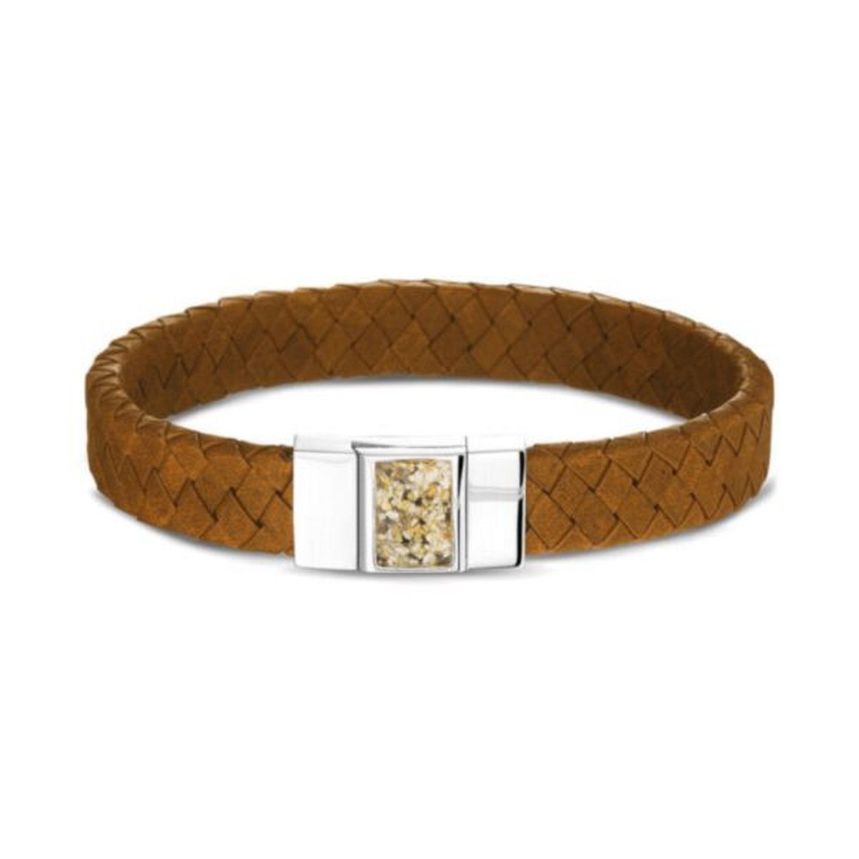 Zilveren armband met lederen bandje. Bovenop het zilveren stuk kan de armband gevuld worden met as of haar. De lederen band is verkrijgbaar in diverse kleuren en wordt voor u op de juiste polsmaat gemaakt. Wij verwerken het as voor u in de armband. 