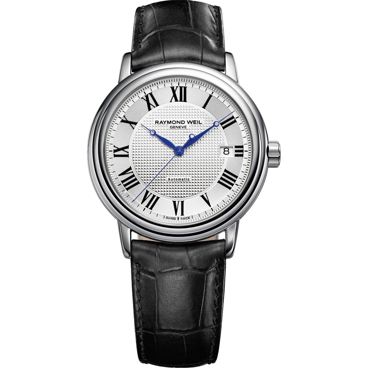 De Raymond Weil Maestro 2837-STC-00659 is een prachtig Swiss Made horloge. Onder de motorkap treft u een fijn Swiss Made mechanisch (automatisch) uurwerk. Het horloge heeft een prachtig klassieke zilveren wijzerplaat die mooi uitkomt met de blauwe wijzers en Romeinse cijfers. Uiteraard heeft het horloge saffier glas en een comfortabele lederen band.