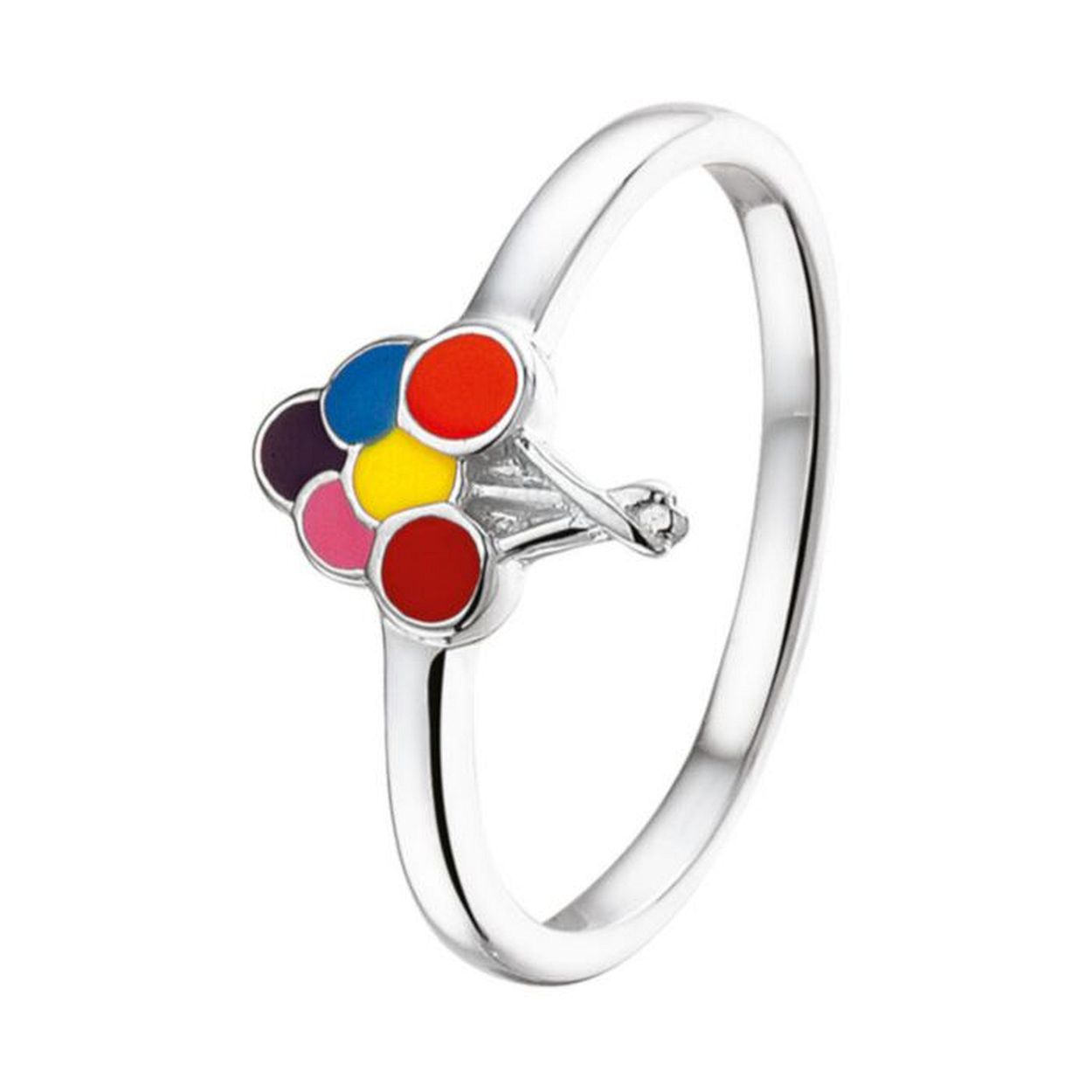 Gerhodineerd zilveren balonnen ring uitgevoerd met een kleurrijke emaille afwerking. 