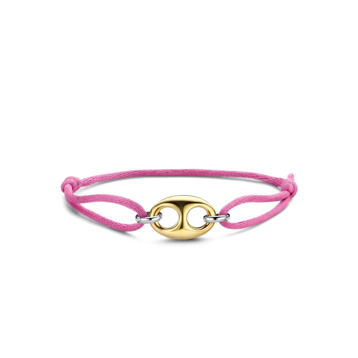 Het pronkstuk van deze TI SENTO – Milano gold-plated zilveren armband 2986PY is de gold-plated koffieboon charm in het midden. Een klassiek symbool in een nieuw, speels gedurfd jasje. De roze zijden koord om de pols heeft aan elk uiteinde een zilveren schakel. De armband is vervaardigd uit 925 sterling...
