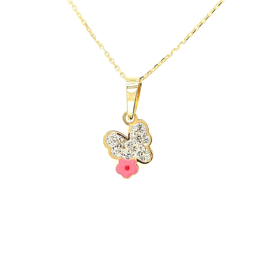 Deze geel gouden hanger is ontzettend leuk! Dit vlindertje is een schitterende verschijning. Het roze bloemetje dat in de vlinder verwerkt is zorgt voor een fleurige uitstraling.

Note: het kettinkje hoort niet bij de hanger, deze is enkel gebruikt voor de foto.